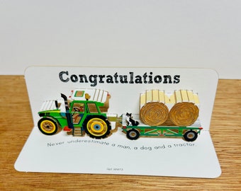 Mini carta trattore di congratulazioni, congratulazioni, carta amante del trattore, carta contadino, carta pop-up, carta uomo, cane e trattore,