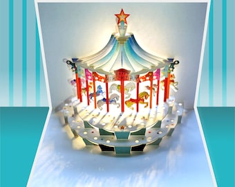Carousel - ''Happy Birthday'' - Pop Up Card,  Card for her, Card for him - Made in the UK (P-96)
