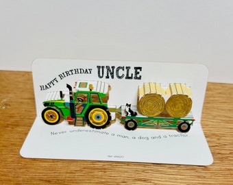 Mini Uncle Birthday Tractor card, Card for my Uncle, Tractor Lover Card, Farmer card, Pop Up Card, Man, dog and a Tractor Card,