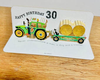 Happy Birthday Tractor card, Ages 30,40,50,60,70,80,90,100, Tractor Lover Card, Farmer card, Mini Pop Up Card, Man, dog and a Tractor Card
