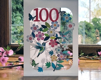 Tarjeta de colibrí de cumpleaños número 100 - Tarjeta de cumpleaños número 100, tarjeta de cumpleaños de 100 años, tarjeta para ella, tarjeta para él - Hecho en el Reino Unido (GF-100)
