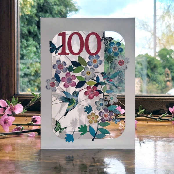 100th Birthday Hummingbird Card - Age 100th Birthday Card, 100 age birthday card, Card for her, Card for him - Made in the UK (GF-100)