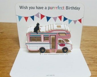 Mini Happy Birthday camperkaart, camper & kat pop-up kaart, caravan verjaardag, verjaardagskaart, camperkaart, kaart voor haar, kaart voor hem