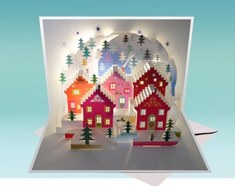 Christmas card, Unique Christmas Card, 3D Cards, Xmas Pop Up Card, Alpine Village,  Card for her, Card for him - Made in the UK - POP94