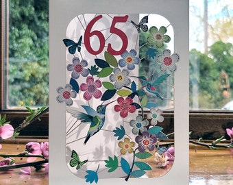 65th Birthday Hummingbird Card - Age 65th Birthday Card, 65 age birthday card, Card for her, Card for him - Made in the UK (GF-065)