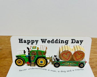 Mini trouwdag tractorkaart, Happy Wedding Day tractor, tractorminnaarkaart, boerenkaart, pop-upkaart, man, hond en een tractorkaart, voor hem