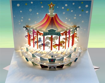 Carte de Noël, carte de carrousel, carte de Noël unique, « joyeux Noël », carte pop-up, carte pour elle, carte pour lui - fabriquée au Royaume-Uni, POP97