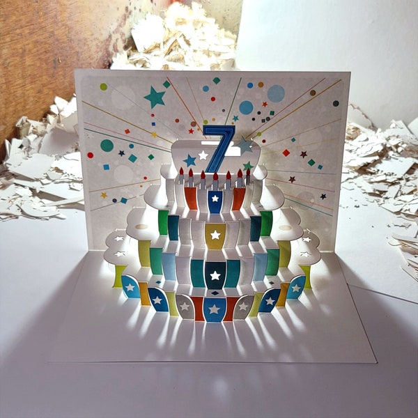 7th Birthday Pop Up Card, Age 7th Birthday Card,  Age 7 Card, Card for her, Card for him - Made in the UK (P007)