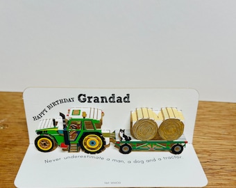 Mini carte d'anniversaire de grand-père, grand-père, grand-père, carte d'amant de tracteur, carte d'agriculteur, carte pop-up, homme, chien et une carte de tracteur,