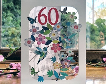 Carte de colibri de 60 ans - Carte d'anniversaire de 60 ans, carte d'anniversaire de 60 ans, carte pour elle, carte pour lui - fabriquée au Royaume-Uni (GF-060)