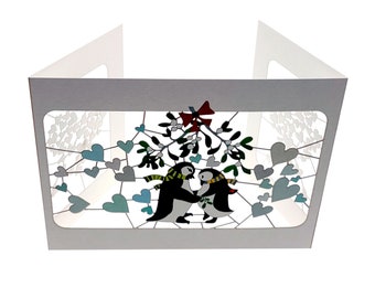 Christmas Card, Penguin Couple Under Mistletoe -  3 fold unique Christmas card, 3D Card, Card for her, Card for him - Made in the UK - 3X009
