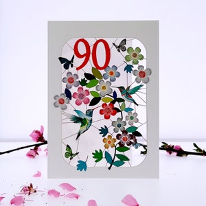 90th Birthday Hummingbird Card - Age 90th Birthday Card, 90 age birthday card, Card for her, Card for him - Made in the UK (GF-090) bild 2
