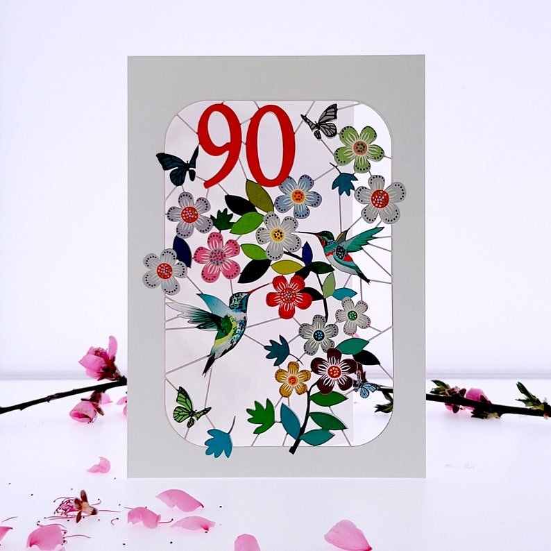 90th Birthday Hummingbird Card - Age 90th Birthday Card, 90 age birthday card, Card for her, Card for him - Made in the UK (GF-090) bild 2