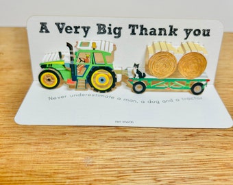 Mini Bedankkaart Tractor, Bedankt Tractor, Tractor Lover Card, Boerenkaart, Pop Up Card, Man, hond en een Tractor Card, Voor Hem,