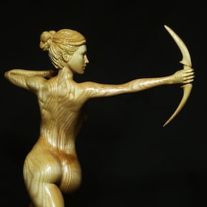 Artemis Statue Woman Sculpture Wood Carving Wooden Handmade Carved Statue Mythology Art