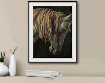 May include: A framed wall art print featuring a geometric, low-poly style illustration of a horse head with a flowing mane. The horse is rendered in shades of tan, brown, and gold against a dark, angular background, enclosed in a black frame.