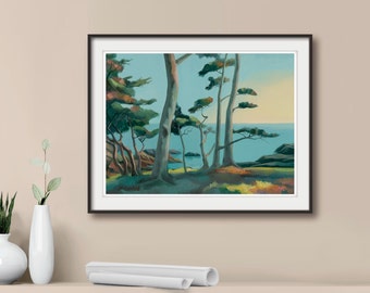 May include: A framed landscape painting depicting a coastal scene with tall trees, rocky terrain, and a calm sea under a pale sky. The artwork features a palette of muted greens, blues, and warm earth tones, signed in the lower left corner.
