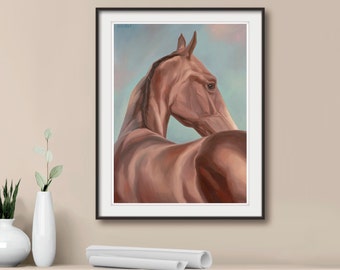 May include: A framed wall art print featuring an oil painting of a brown horse looking over its shoulder. The horse has a dark mane and is set against a soft, muted blue and pink sky. The artwork is enclosed in a simple black frame.