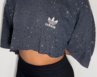 Vintage Adidas t-shirt embellished with crystals | custom Adidas crop top in washed gray | handmade with rhinestones