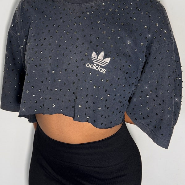 Vintage Adidas t-shirt embellished with crystals | custom Adidas crop top in washed gray | handmade with rhinestones