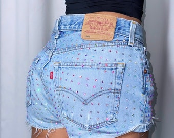vintage 501 Levi’s denim shorts | custom jeans shorts adorn with crystals| light blue denim shorts handmade with rhinestones