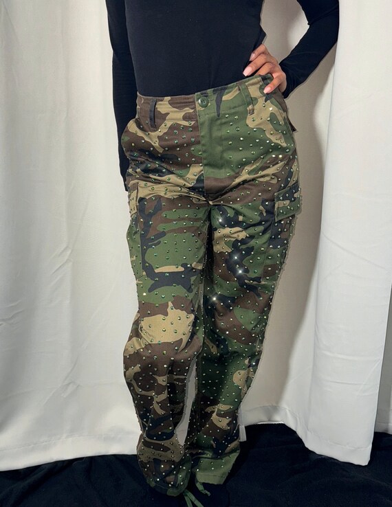 Camo Cargo Pants | Camouflage Trousers | Custom Clothing | Army Green Cargo  Trousers | Bejeweled With AB Rhinestones - Etsy