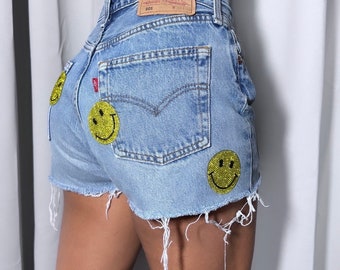 short en jean Levi's 501 vintage | shorts en denim personnalisés | short en jean avec visages souriants l