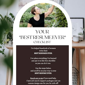 May include: A promotional image with the text "YOUR *BEST RESUME EVER* CHECKLIST". The image includes a woman in a black shirt, and a checklist with text about resume writing and job search support. The image also includes the website maureenpaley.podia.com.