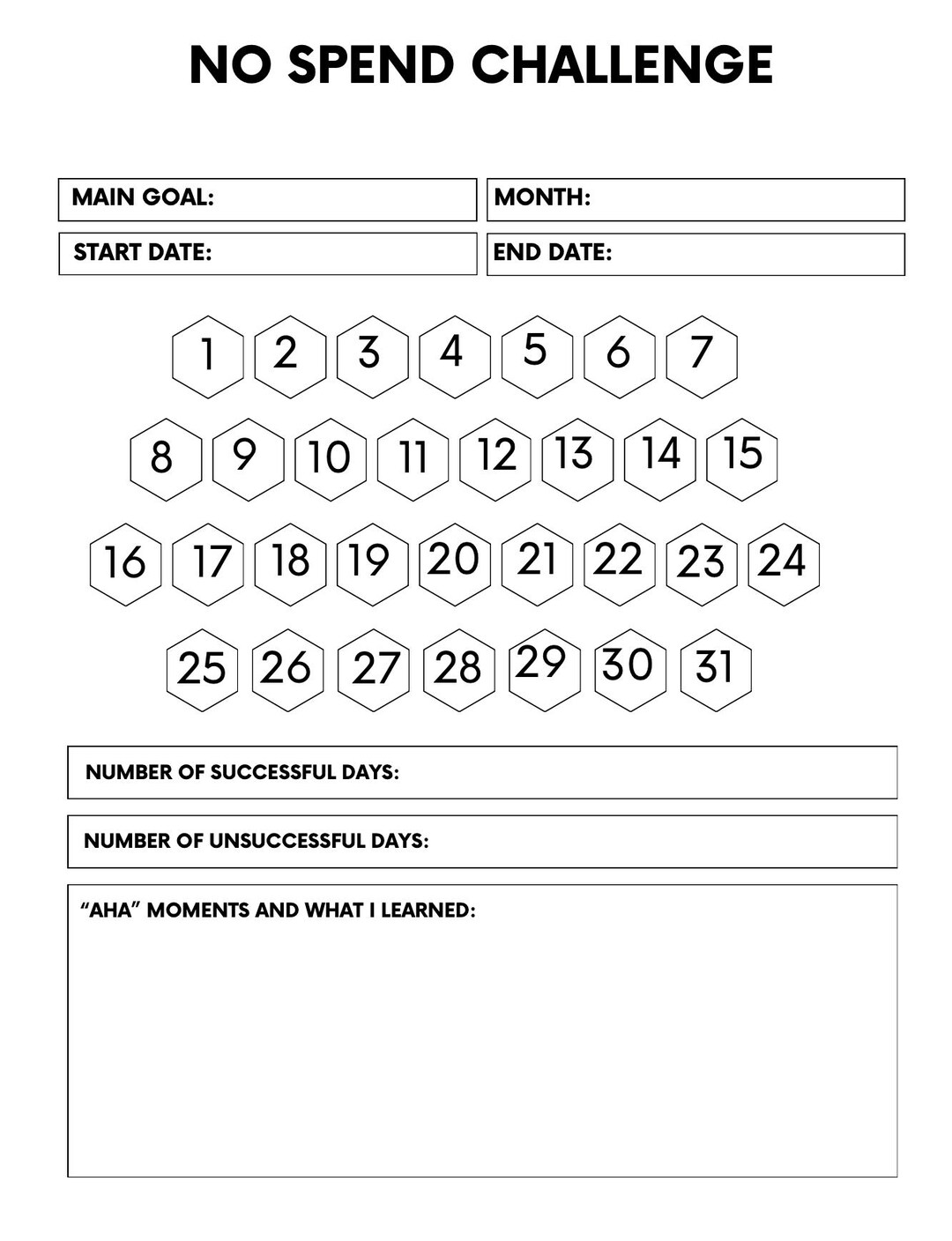 No Spend Challenge Tracker, No Spend Month, No Spend Calendar, Simple