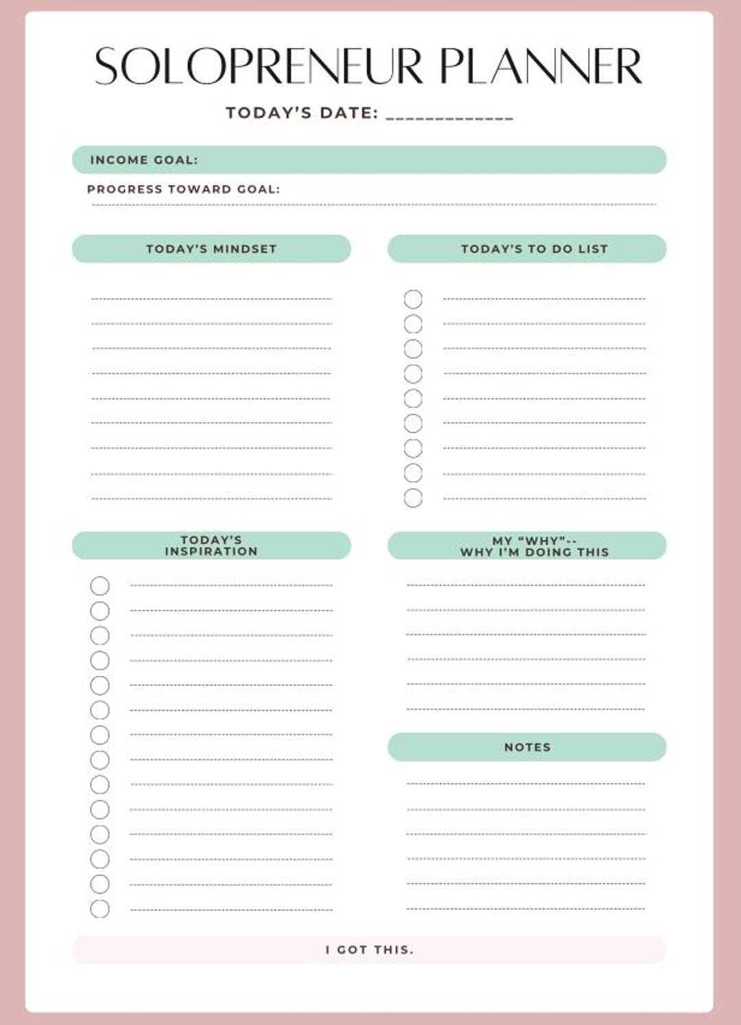 Printable Daily Goals Planner: Minimalist Solopreneur Productivity ...