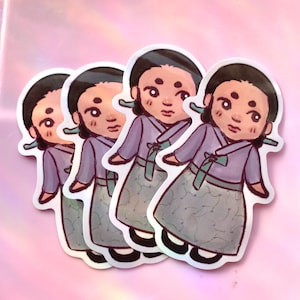 以下が含まれることがあります： 伝統的な韓国の韓服を着た漫画の人物の紫と灰色のステッカーが3枚。人物は黒髪で、肌の色は薄い茶色です。