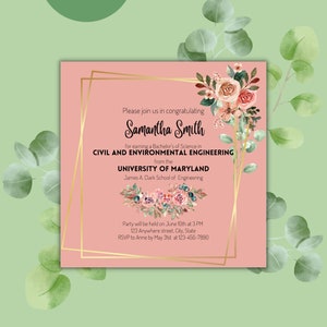 Pink Floral Graduation Party Invitation