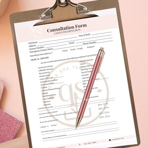 May include: A pink consultation form with a checklist of medical history questions. The form includes sections for client information, medical history, and contact information. The form is on a clipboard with a pink pen.