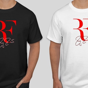 May include: Two t-shirts with a red "RF" logo and Roger Federer's signature in red.