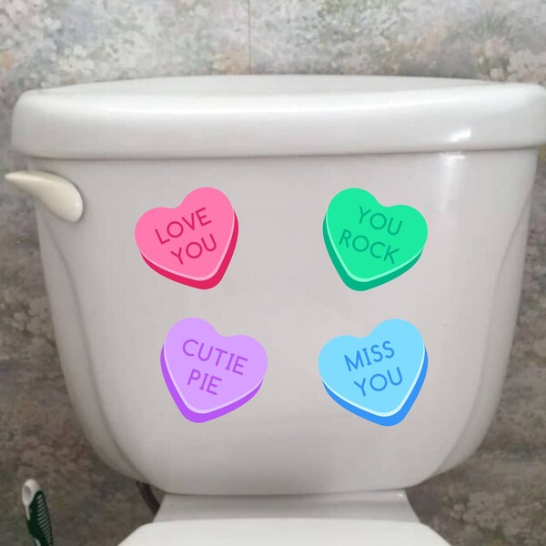 Valentine Hearts Toilet Decal, Candy Hearts Stickers, Toilet Tank Decal, Bathroom Decor, Conversation Hearts Vinyl Decals, Valentine Party