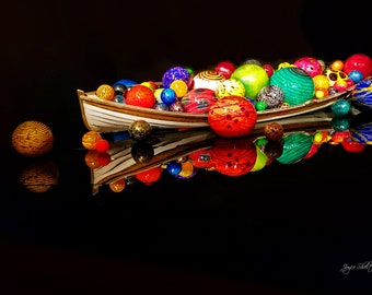 Chihuly Color Hand Blown Glass Boat with Balls