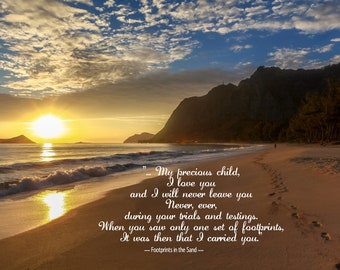 Hawaii Beach Sunrise quote with Footsteps in the Sand Mountain Silhouette