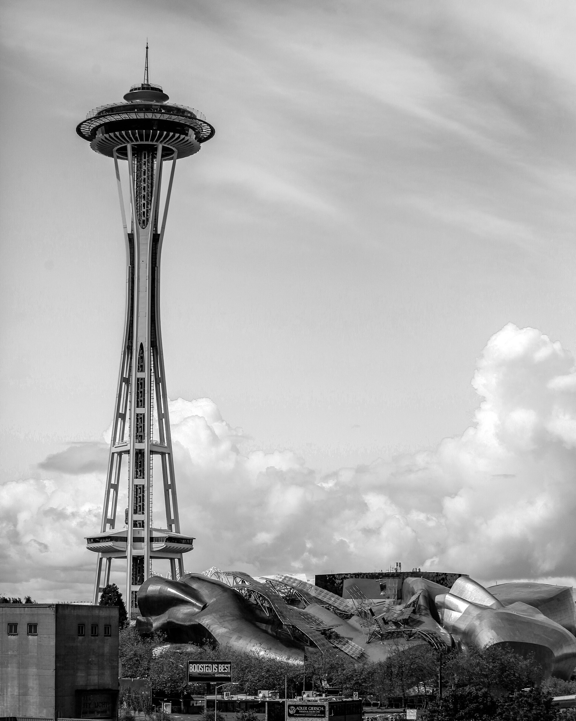 Black and White Unique View of the Space Needle Cuddled by