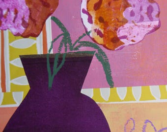 An original abstract floral painting with collage, "Flowers in a Purple Vase" is matted and ready to frame.