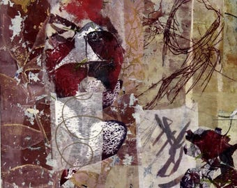 A Mixed Media collage, "Garden View-Red", in matted and ready to frame.
