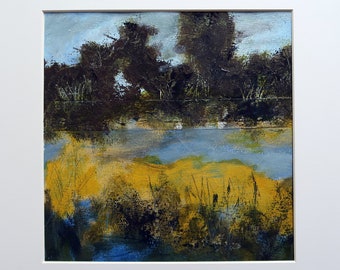 Acrylic landscape painting on watercolor paper, "Pond's Edge", 14" x 14" matted and ready to frame.
