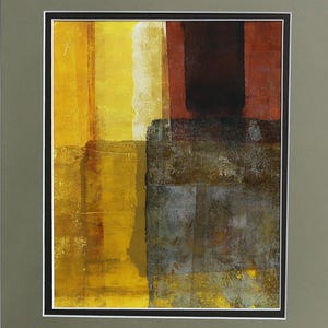 One of a kind mixed media mono-print, matted and ready to frame.
