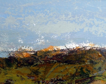 Acrylic Landscape painting, "Open Meadow to the Sea", matted in dark taupe mat and ready to frame.