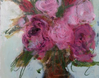 Mixed media floral still life painting, matted and ready to frame.