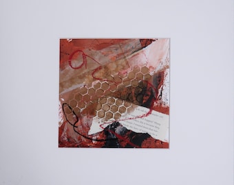 A mixed media mono-print with collage elements and mark making, matted and ready to frame.