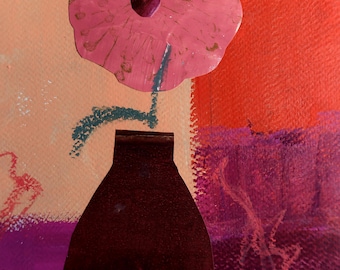 An original abstract floral painting with collage, "One Red Flower" is matted and ready to frame.