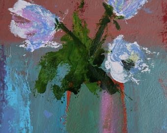 An original floral still life painting,"3 Small Blooms", is matted and ready to frame.