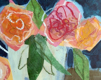 An original abstract floral painting with collage, "Fantasy Flowers #1" is matted and ready to frame.