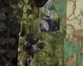 A Collage using artist printed papers,"Green Garden", is matted and ready to frame.