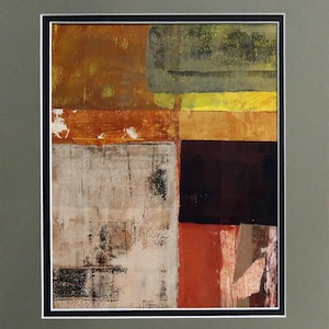 Experimental abstract mono-print with collage, matted and ready to frame.